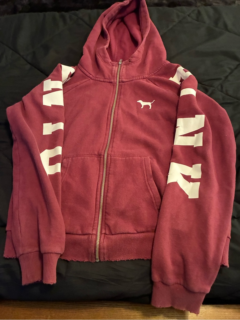 Victoria's Secret PINK Maroon Zip Hoodie with White Sleeve Logo